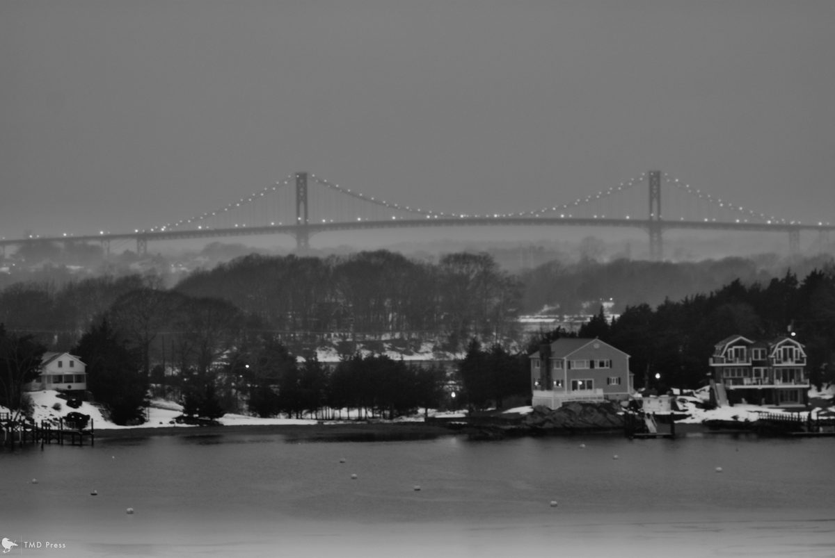 The bridge lights after snow