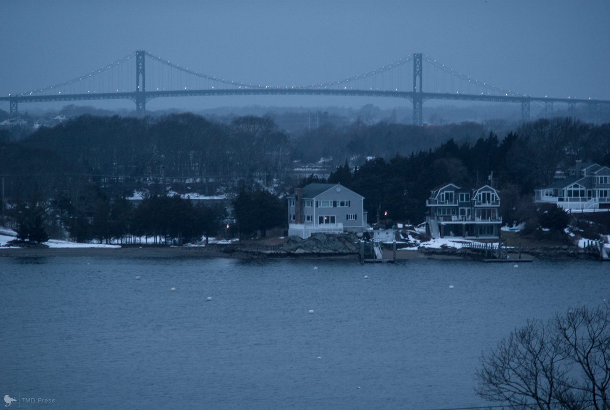 The bridge and shoreline at blue hour