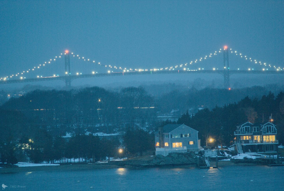 Mount Hope Bridge lit at dusk
